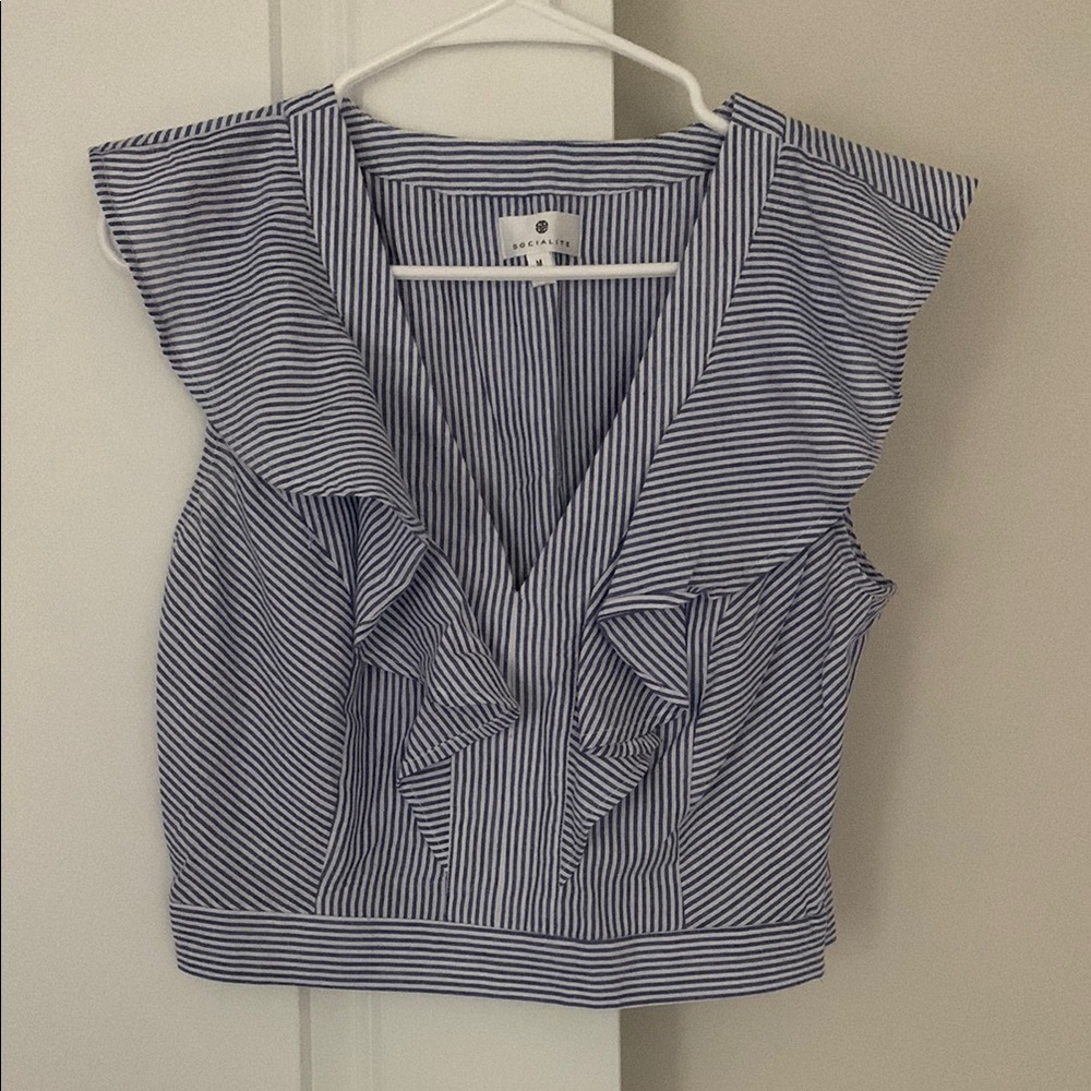 Socialite Blue and White Ruffled Crop Blouse